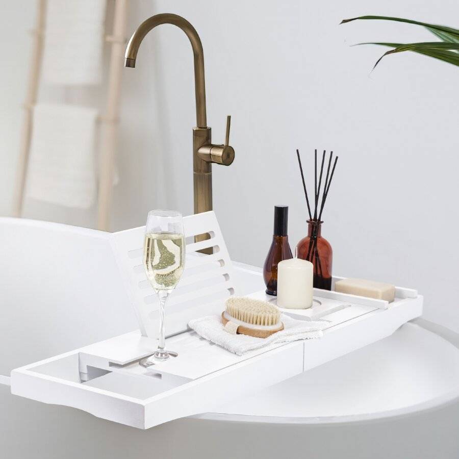 Woodluv Luxury Extendable Bamboo Bath Tub Caddy - White