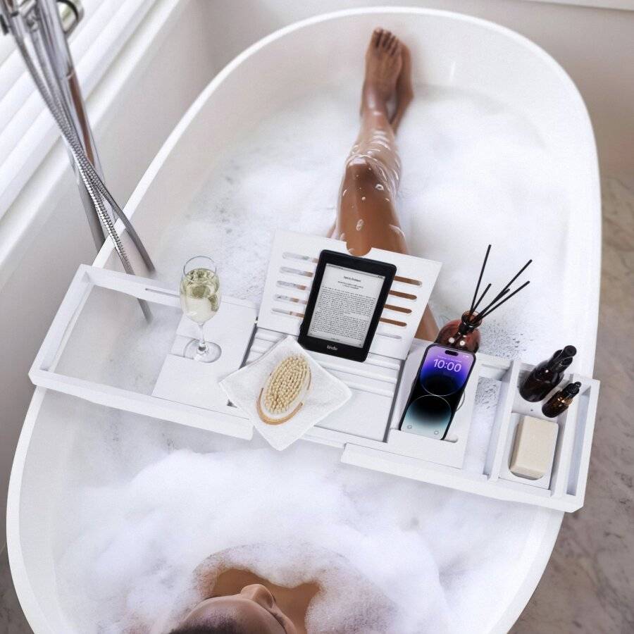 Woodluv Luxury Extendable Bamboo Bath Tub Caddy - White