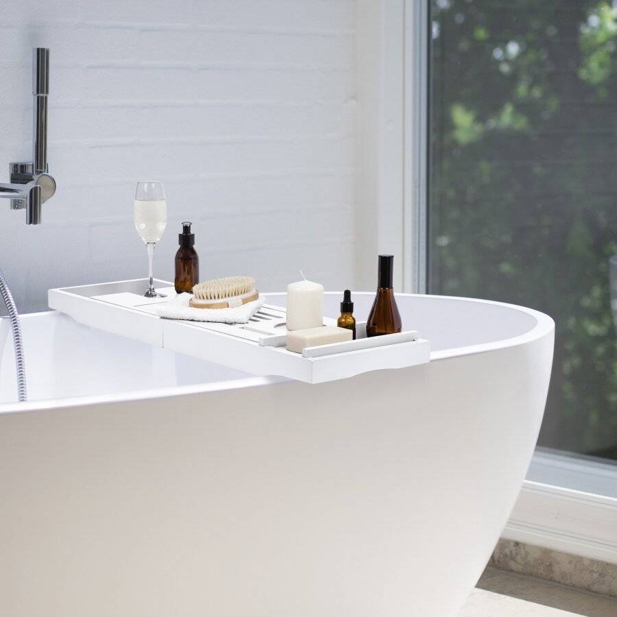 Woodluv Luxury Extendable Bamboo Bath Tub Caddy - White