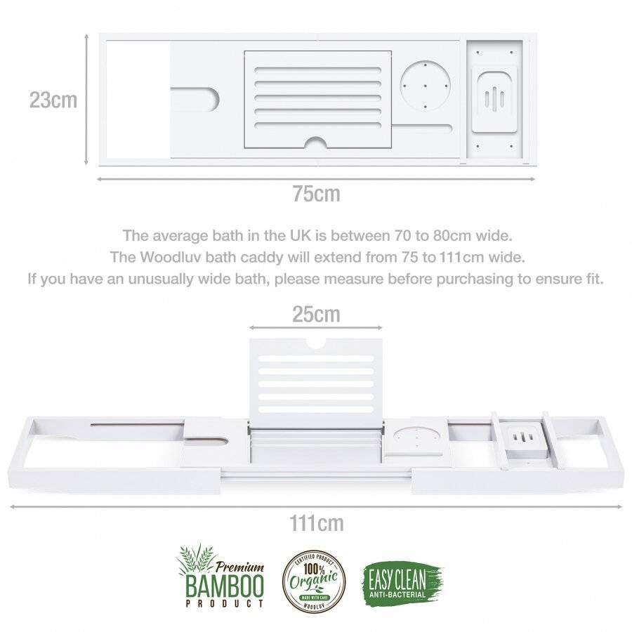 Woodluv Luxury Extendable Bamboo Bath Tub Caddy - White