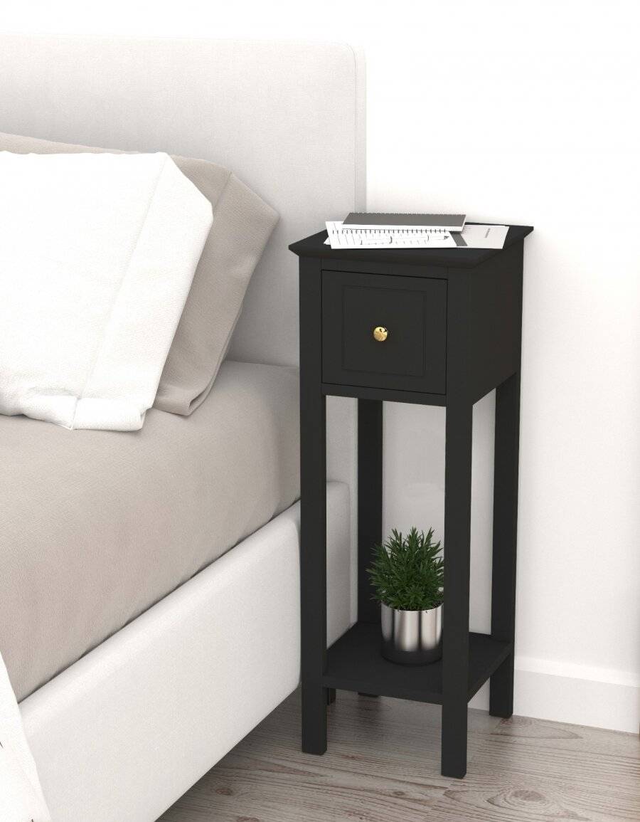 Woodluv MDF Bedside Free-Standing Storage Unit with Drawer, Black
