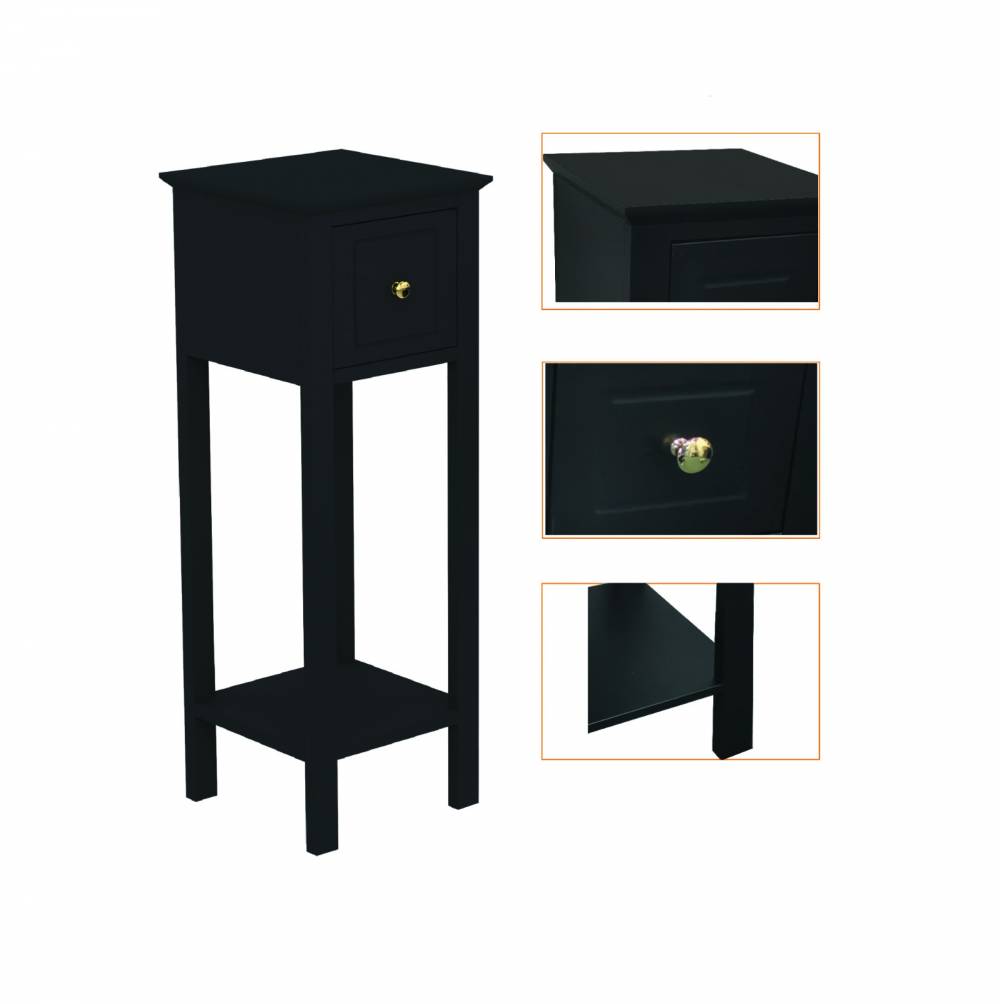 Woodluv MDF Bedside Free-Standing Storage Unit with Drawer, Black