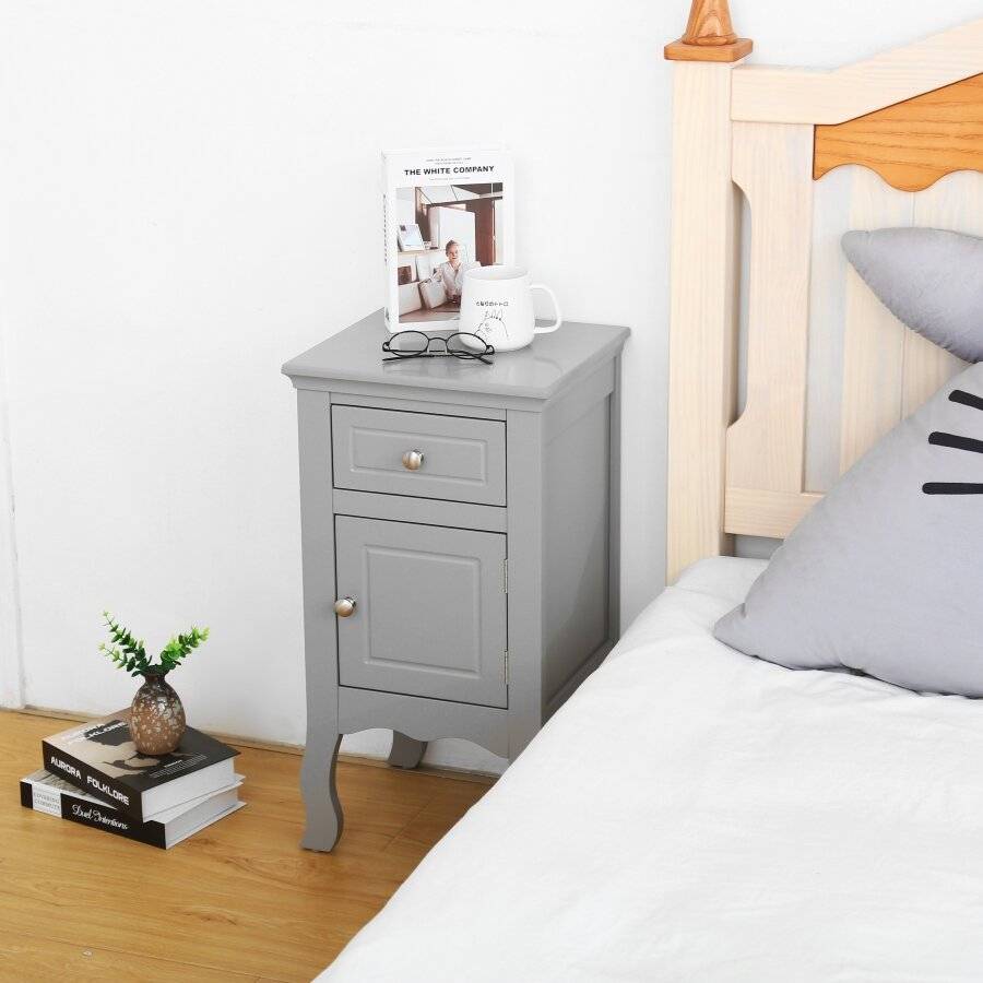 Woodluv MDF Bedside Storage Cabinet With a Drawer and Cupboard - Grey