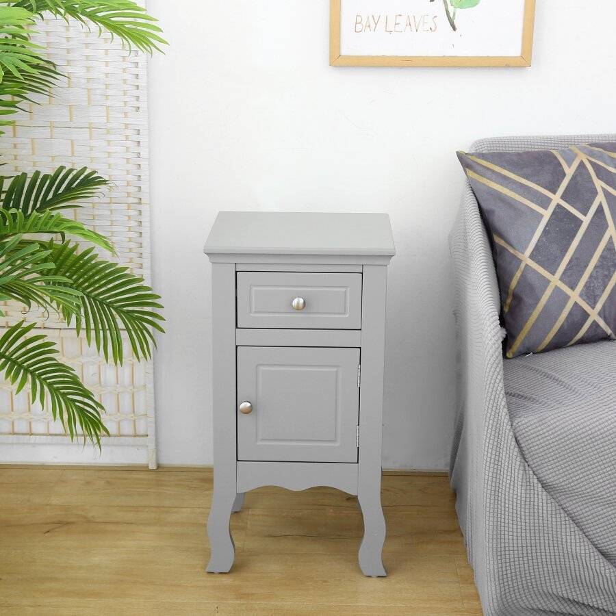 Woodluv MDF Bedside Storage Cabinet With a Drawer and Cupboard - Grey