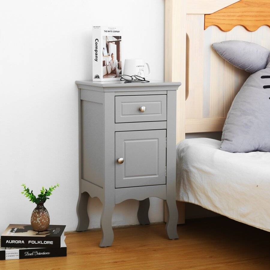 Woodluv MDF Bedside Storage Cabinet With a Drawer and Cupboard - Grey