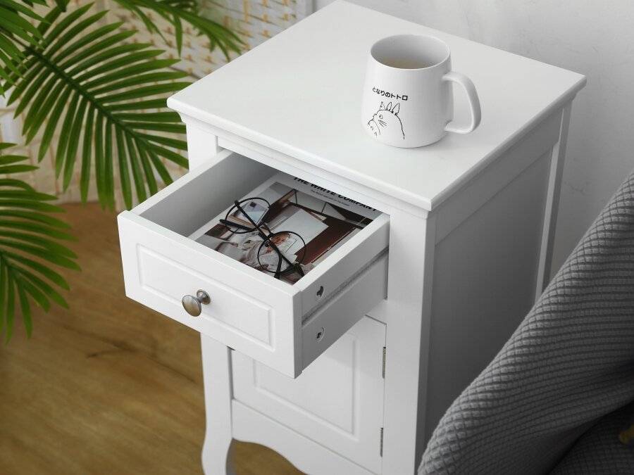 Woodluv MDF Bedside Storage Cabinet With a Drawer and Cupboard - White