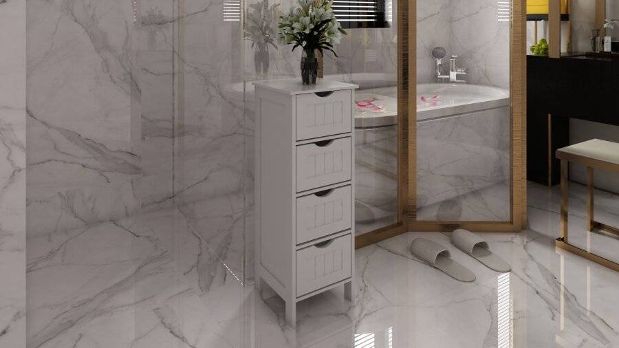 Woodluv MDF Freestanding Bathroom Storage Unit with 4 Drawers - White