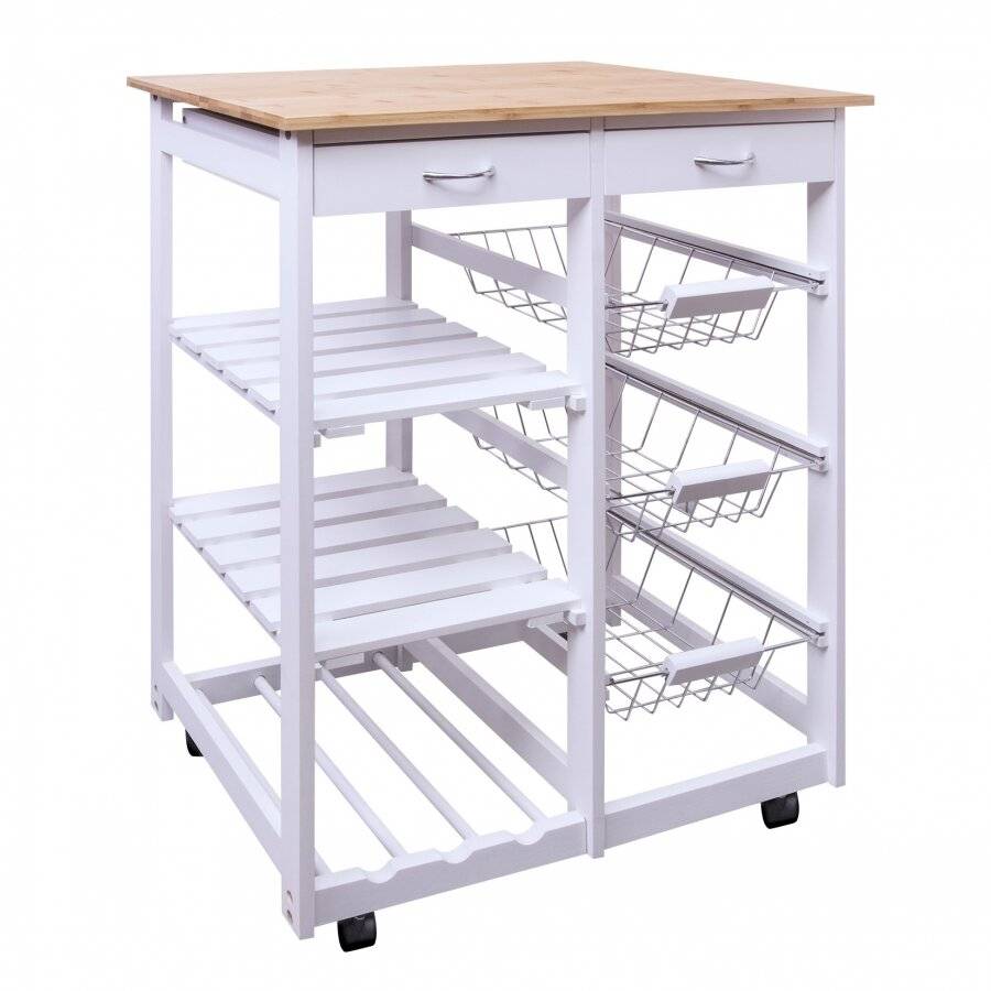 Woodluv MDF Kitchen Trolley With Bamboo Top With wine rack