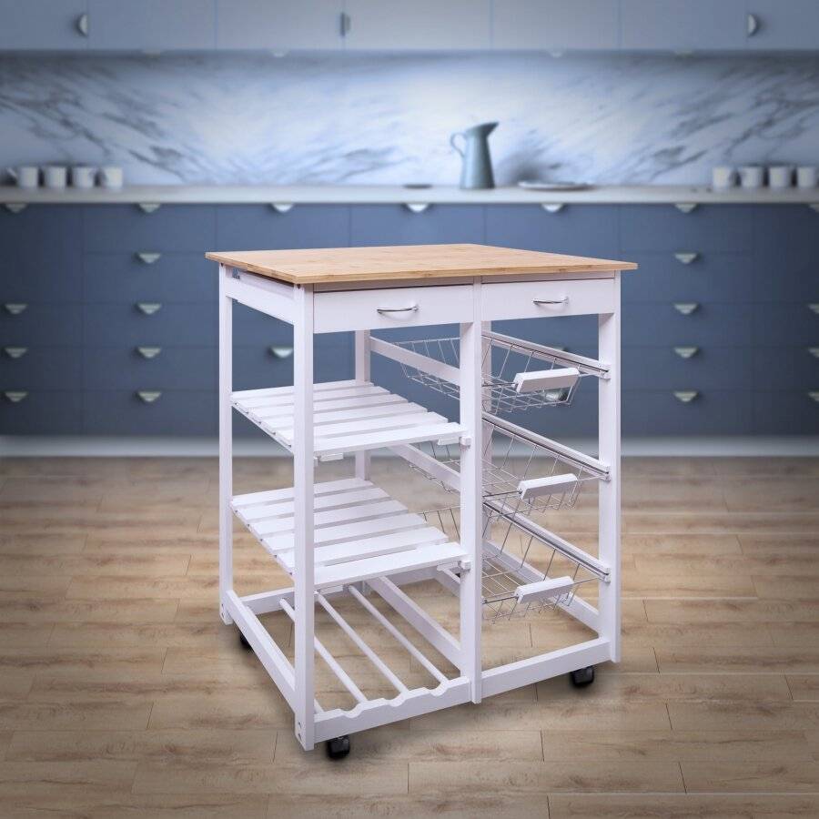 Woodluv MDF Kitchen Trolley With Bamboo Top With wine rack