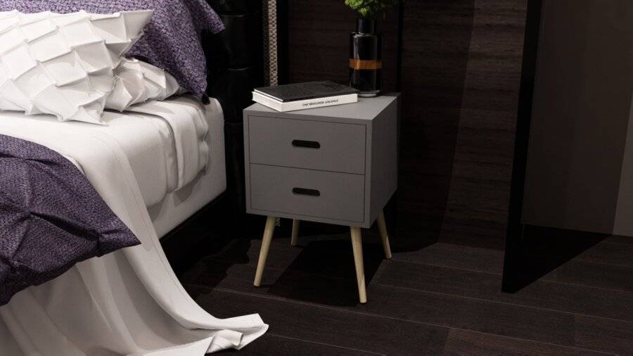 Woodluv MDF Modern 2 Drawer Bedside Side Table, Grey