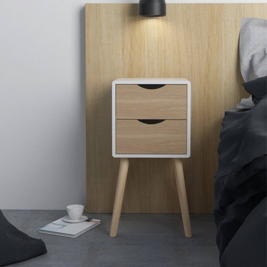 Woodluv MDF Modern 2 Drawer Bedside Table, Wood White