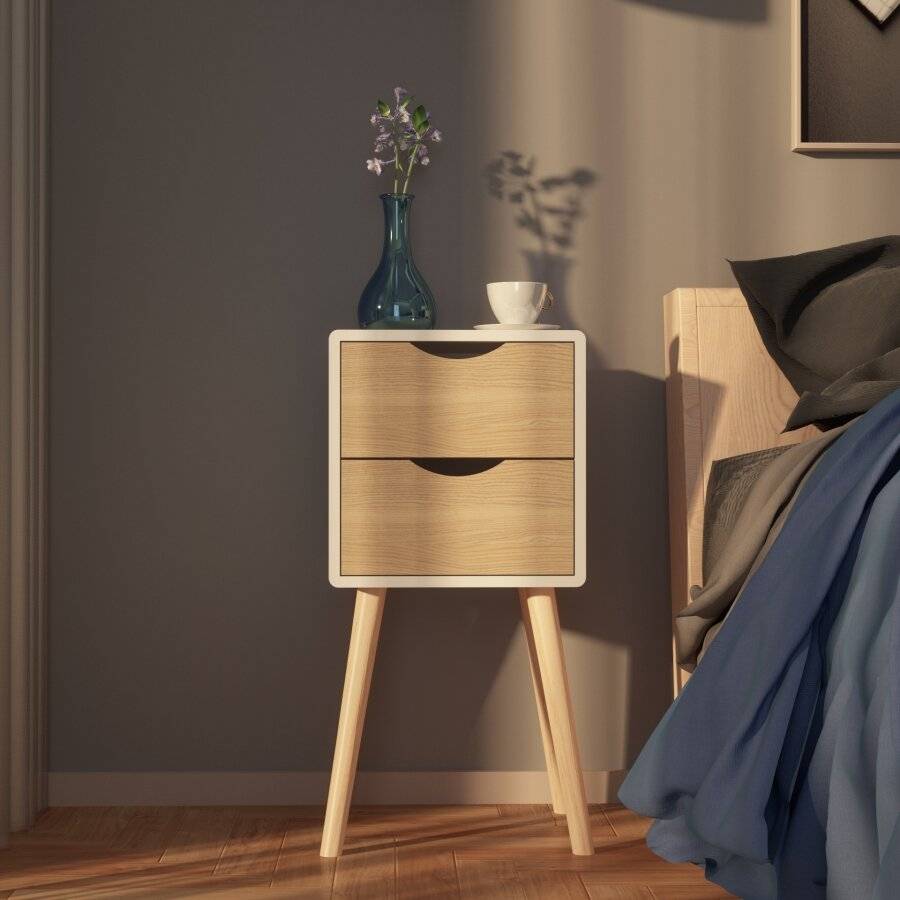 Woodluv MDF Modern 2 Drawer Bedside Table, Wood White
