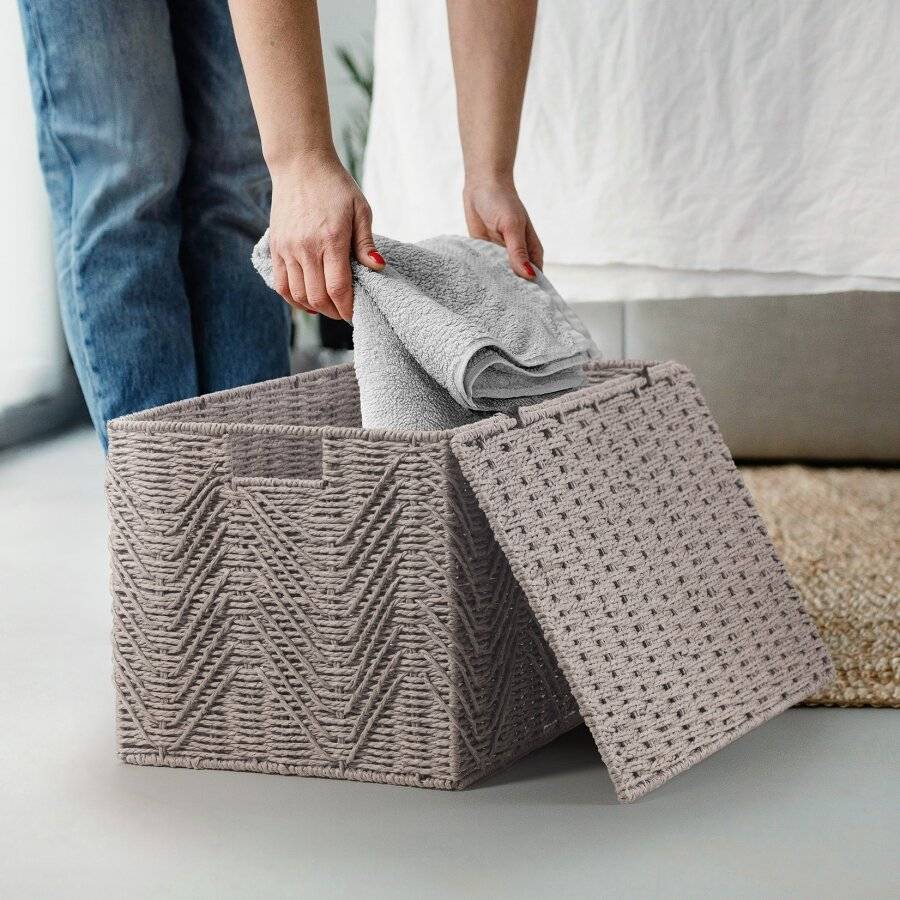 Woodluv Medium Paper-rope Storage Box With Lid, Grey, 49 x 32 x 30 cm