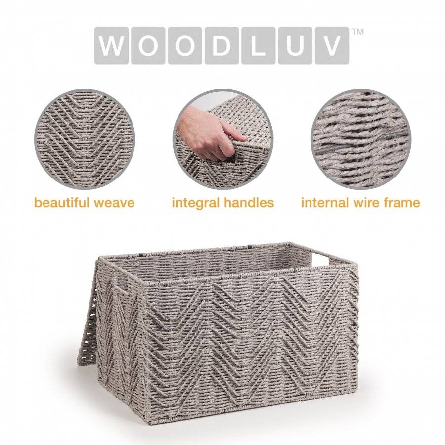 Woodluv Medium Paper-rope Storage Box With Lid, Grey, 49 x 32 x 30 cm