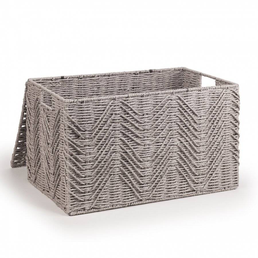 Woodluv Medium Paper-rope Storage Box With Lid, Grey, 49 x 32 x 30 cm