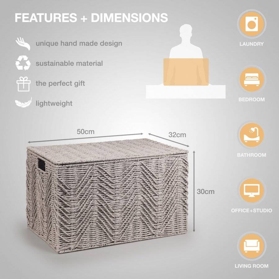 Woodluv Medium Paper-rope Storage Box With Lid, Grey, 49 x 32 x 30 cm