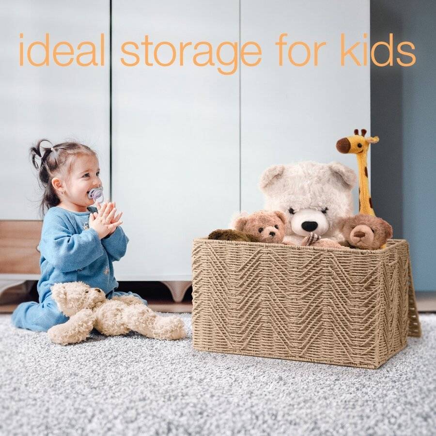 Woodluv Medium Paper-rope Storage Box With Lid, Khaki, 49 x 32 x 30 cm
