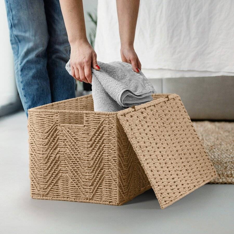 Woodluv Medium Paper-rope Storage Box With Lid, Khaki, 49 x 32 x 30 cm
