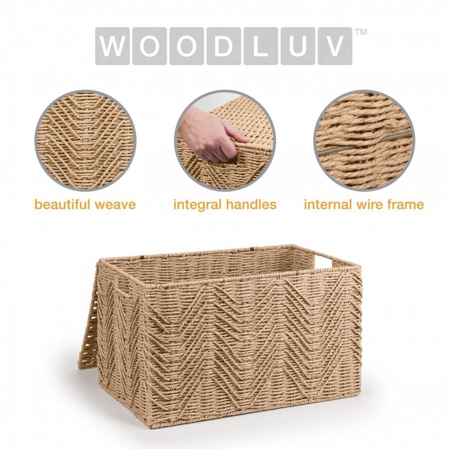 Woodluv Medium Paper-rope Storage Box With Lid, Khaki, 49 x 32 x 30 cm
