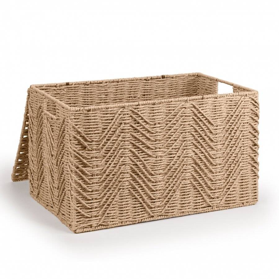 Woodluv Medium Paper-rope Storage Box With Lid, Khaki, 49 x 32 x 30 cm