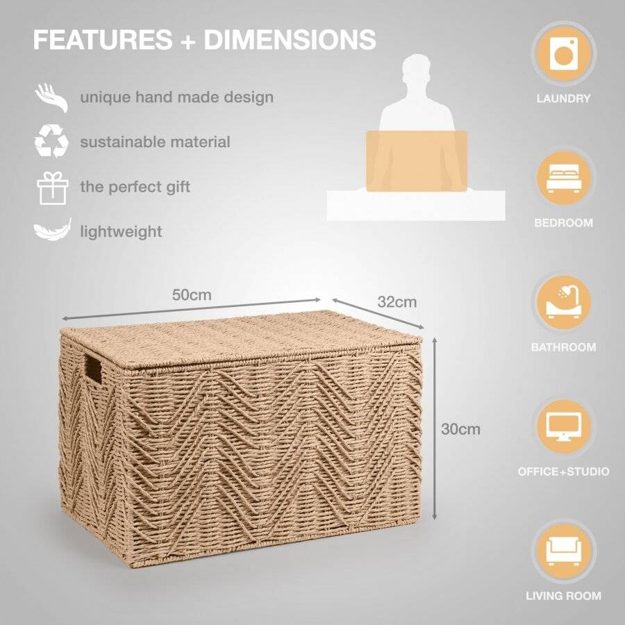 Woodluv Medium Paper-rope Storage Box With Lid, Khaki, 49 x 32 x 30 cm