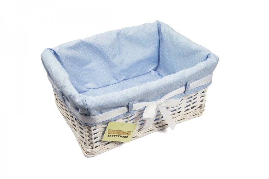 Woodluv Medium White Willow Basket With Blue Dot Lining & Ribbon