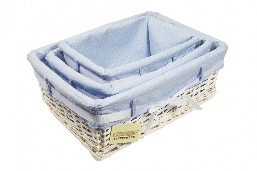 Woodluv Medium White Willow Basket With Blue Dot Lining & Ribbon