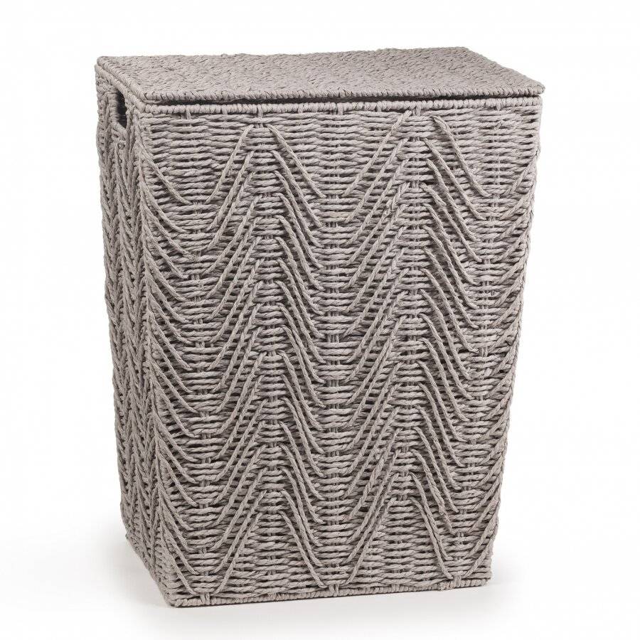 Woodluv Medium Sized Paper-rope Laundry Basket With Lid, Grey
