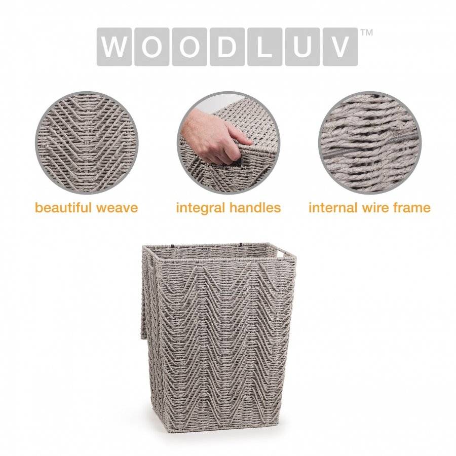 Woodluv Medium Sized Paper-rope Laundry Basket With Lid, Grey