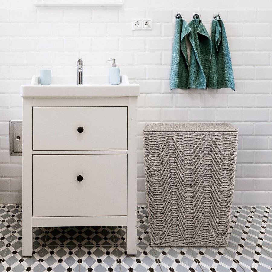 Woodluv Medium Sized Paper-rope Laundry Basket With Lid, Grey