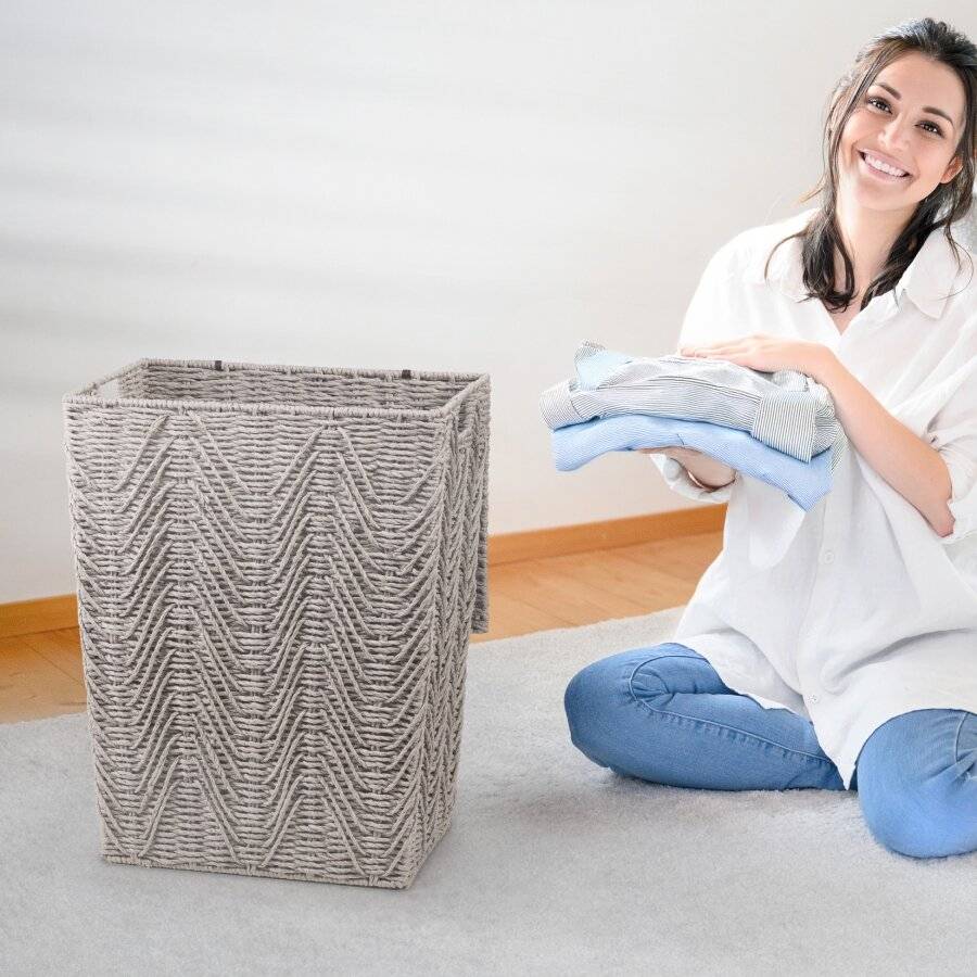 Woodluv Medium Sized Paper-rope Laundry Basket With Lid, Grey
