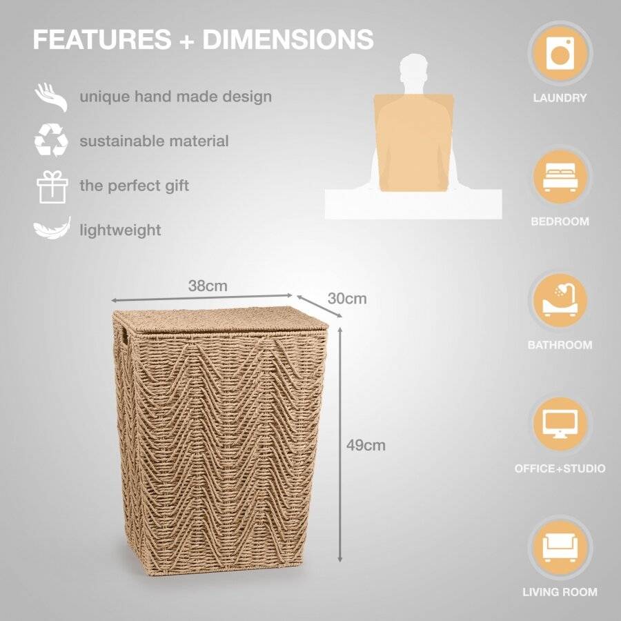 Woodluv Medium Sized Paper-rope Laundry Basket With Lid, Grey