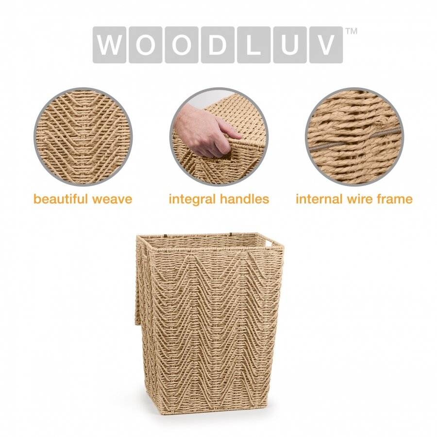 Woodluv Medium Sized Paper-rope Laundry Basket With Lid, Khaki