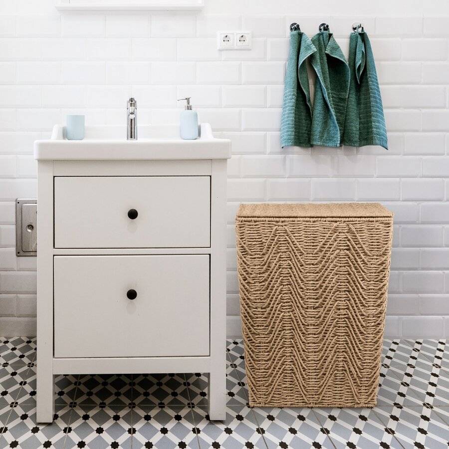 Woodluv Medium Sized Paper-rope Laundry Basket With Lid, Khaki