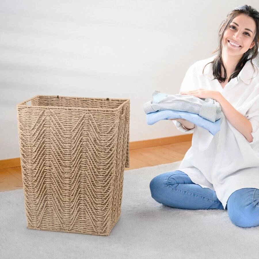 Woodluv Medium Sized Paper-rope Laundry Basket With Lid, Khaki