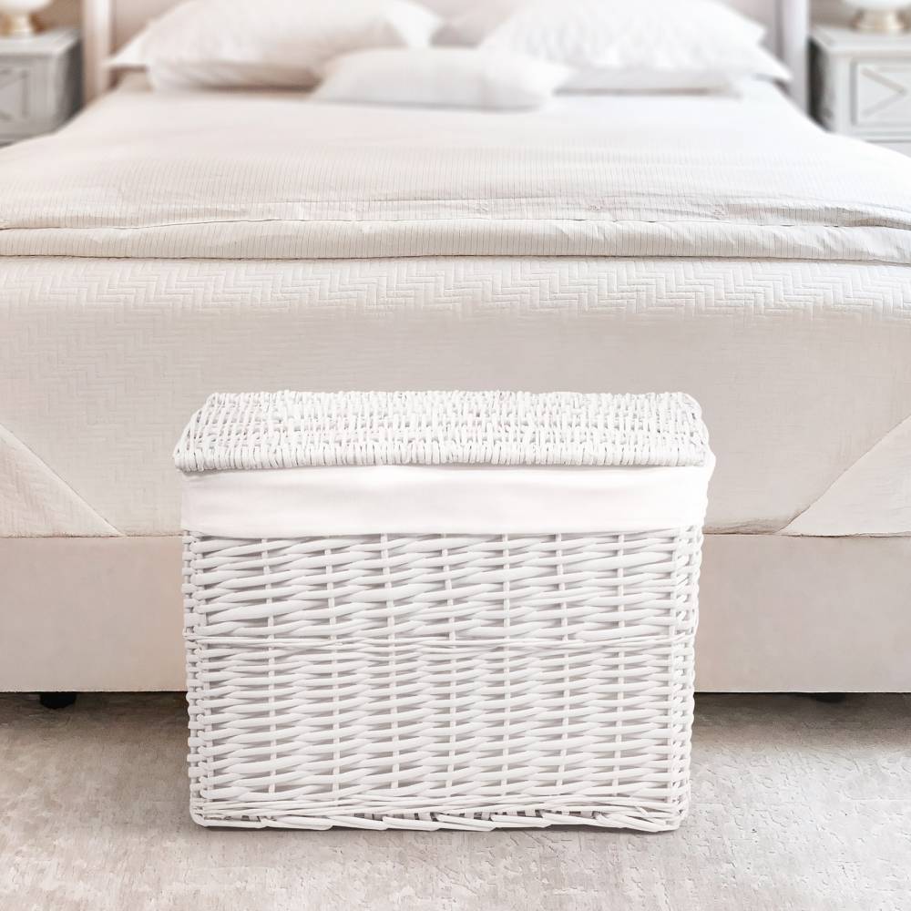 Woodluv Wicker Lined Storage Trunk With Lid, Medium - White