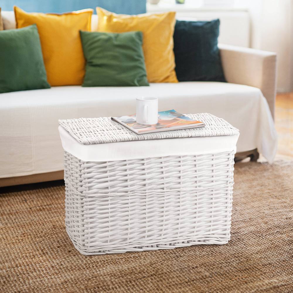 Woodluv Wicker Lined Storage Trunk With Lid, Medium - White