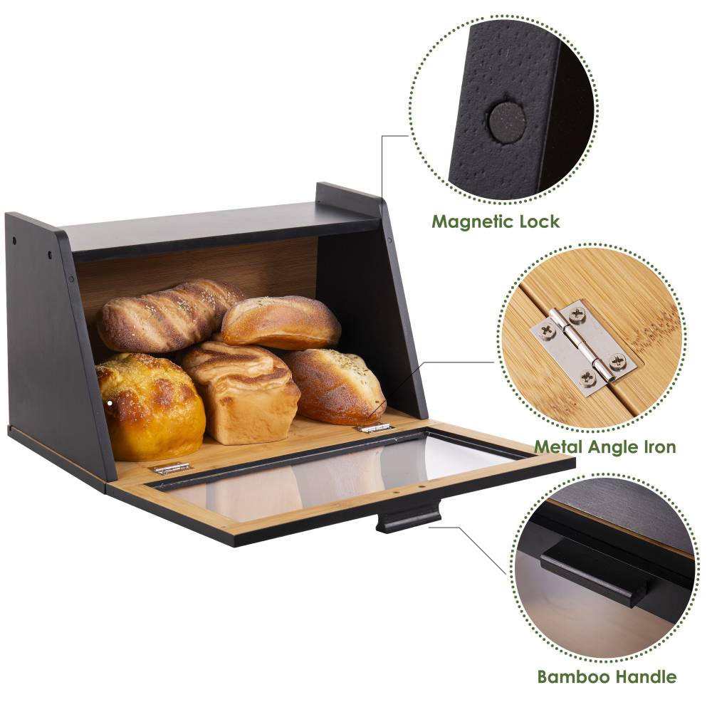 Woodluv Multi-Purpose Bamboo Bread Bin with Clear Acrylic Lid, Black