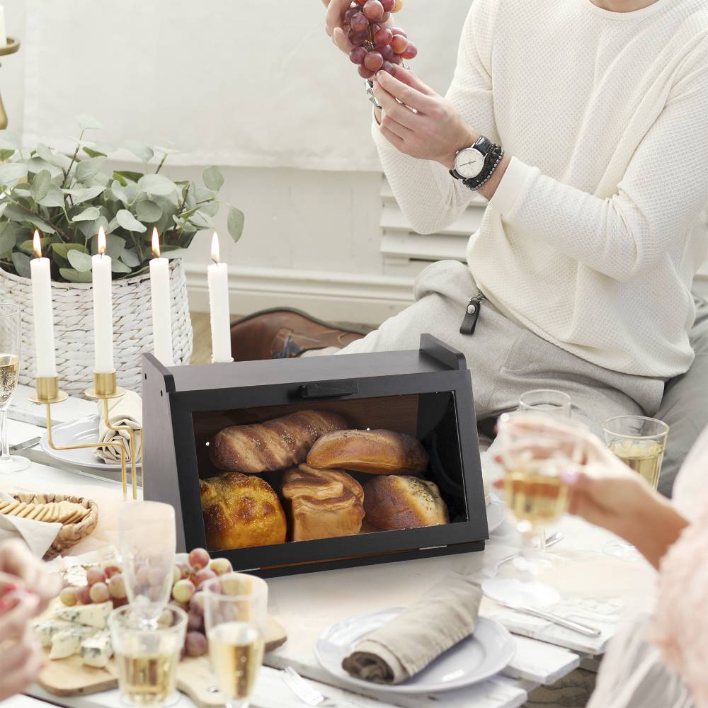 Woodluv Multi-Purpose Bamboo Bread Bin with Clear Acrylic Lid, Black