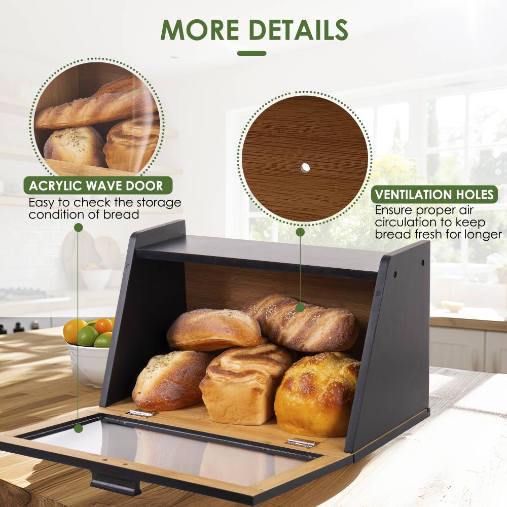 Woodluv Multi-Purpose Bamboo Bread Bin with Clear Acrylic Lid, Black