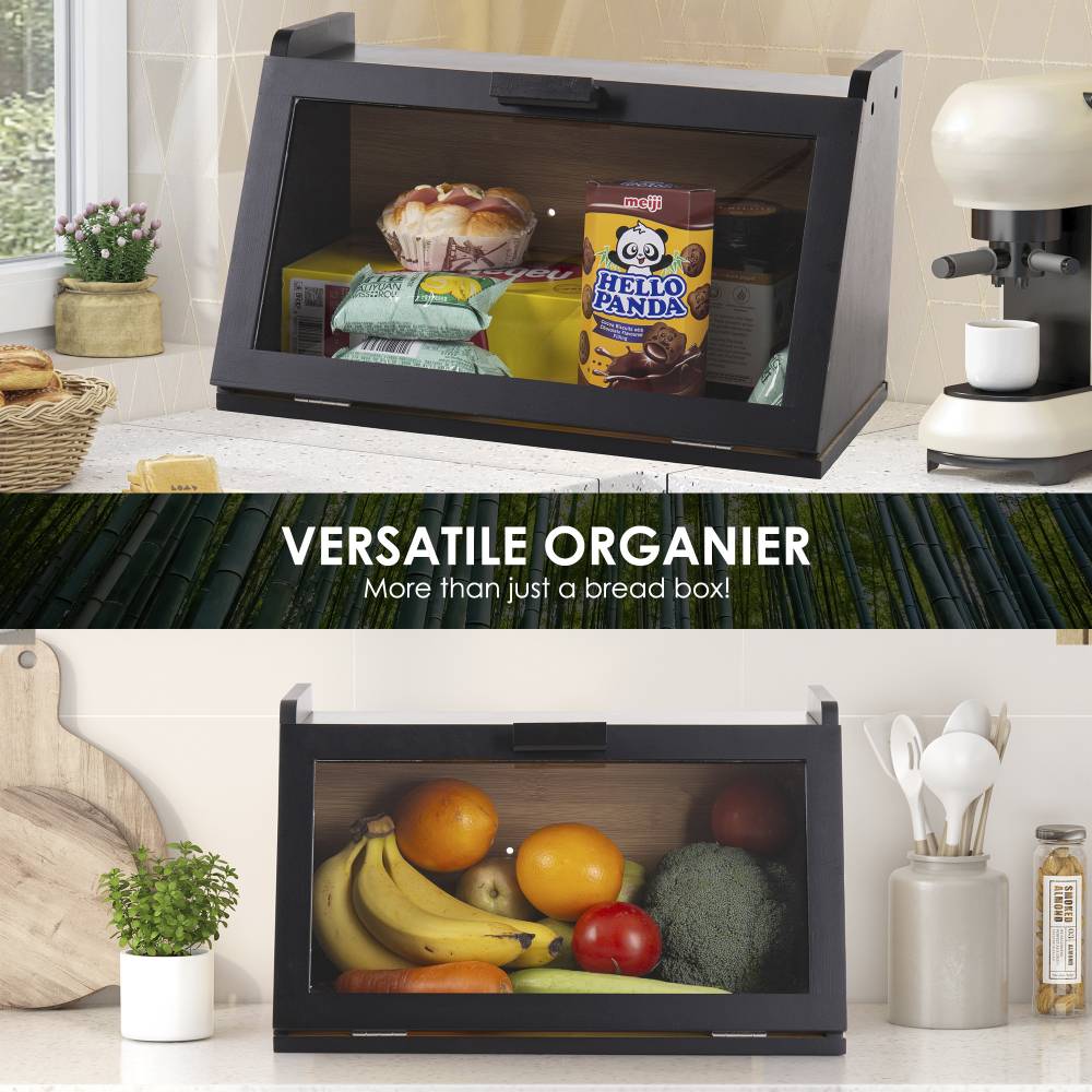 Woodluv Multi-Purpose Bamboo Bread Bin with Clear Acrylic Lid, Black