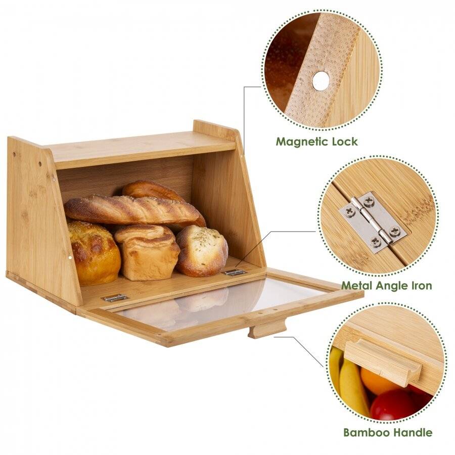 Woodluv Multi-Purpose Bamboo Bread Bin with Clear Acrylic Lid, Natural