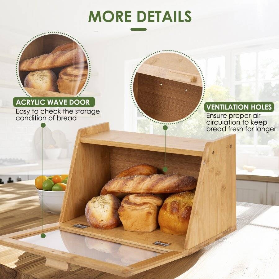 Woodluv Multi-Purpose Bamboo Bread Bin with Clear Acrylic Lid, Natural