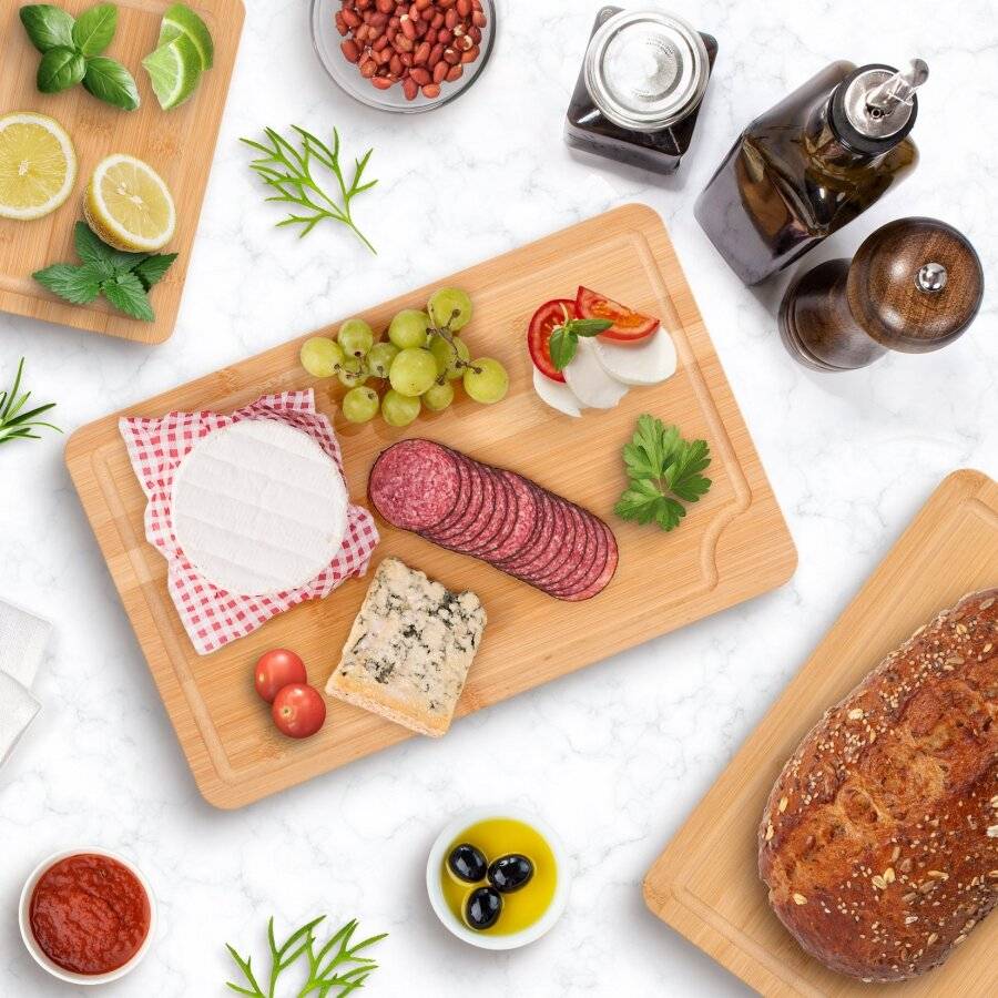 Woodluv Set of 3 Bamboo Chopping Board With Stand & Juice Grooves