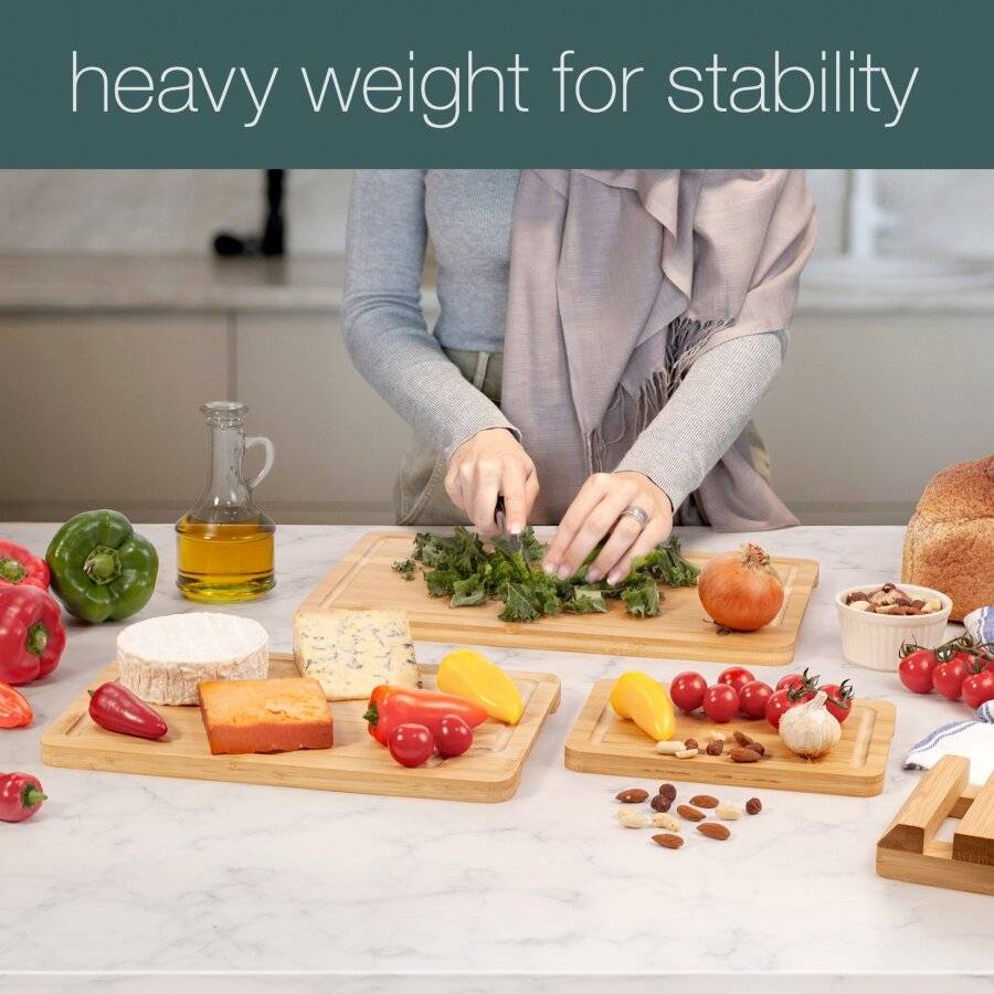 Woodluv Set of 3 Bamboo Chopping Board With Stand & Juice Grooves