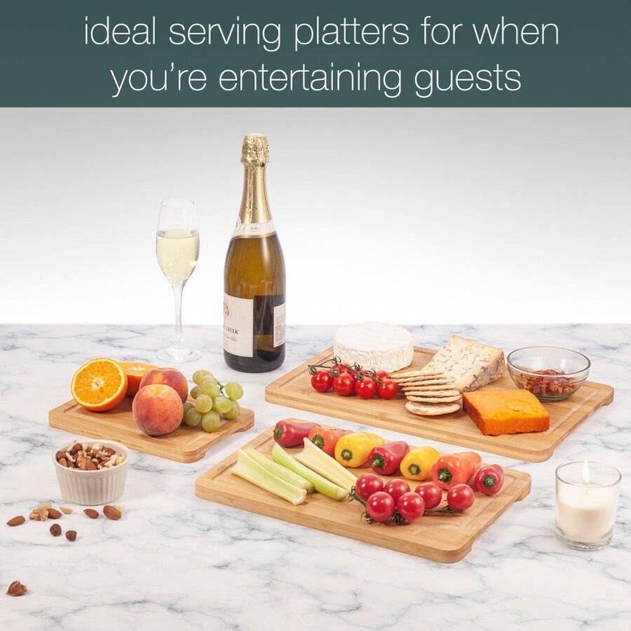 Woodluv Set of 3 Bamboo Chopping Board With Stand & Juice Grooves