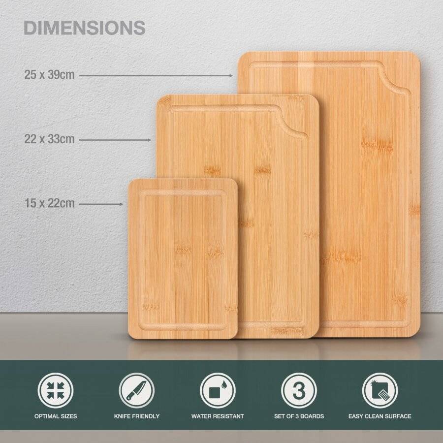 Woodluv Set of 3 Bamboo Chopping Board With Stand & Juice Grooves