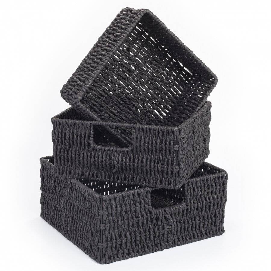 Woodluv Multipurpose 3 x Paper Rope Storage Hamper Baskets, Black