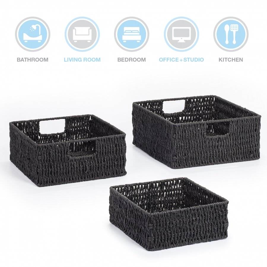 Woodluv Multipurpose 3 x Paper Rope Storage Hamper Baskets, Black