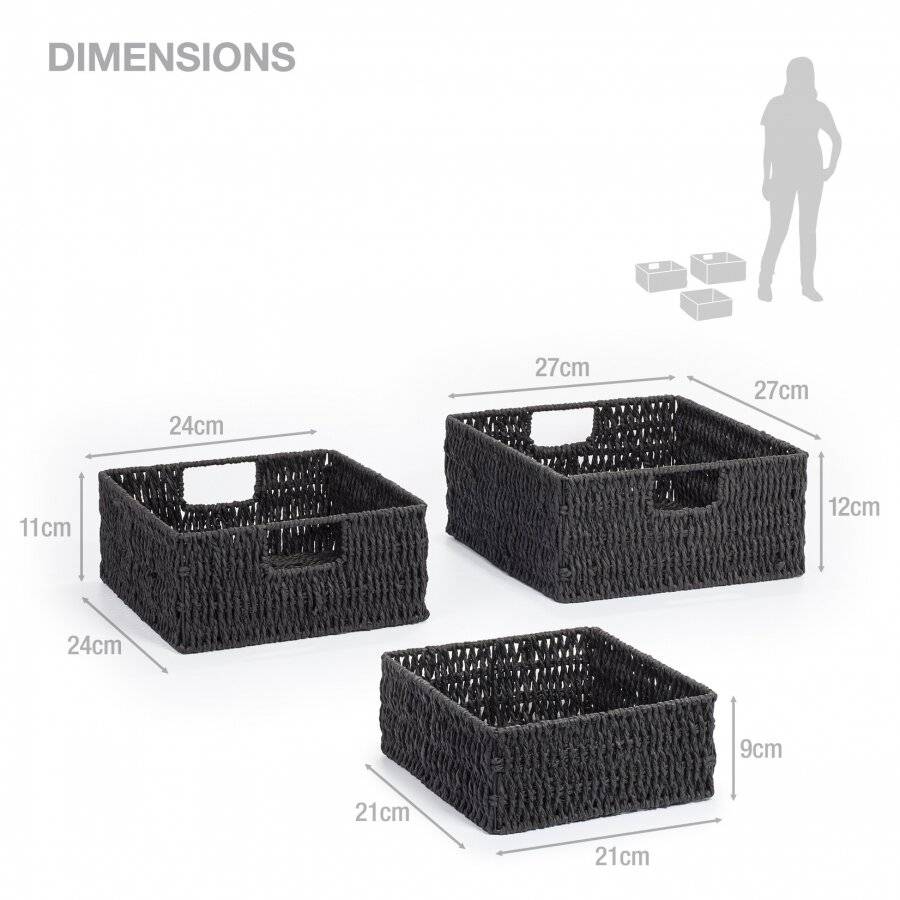 Woodluv Multipurpose 3 x Paper Rope Storage Hamper Baskets, Black